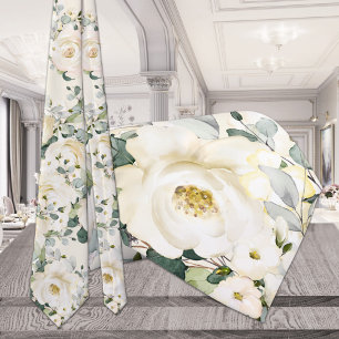 Creamy Yellow White Peony Wedding Natural Ecru Neck Tie