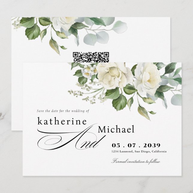 CreamyFloral Eucalyptus Script Calligraphy Wedding Save The Date (Front/Back)