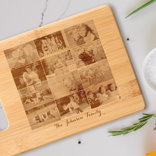 Create 12 Family Photo Collage Etched Bamboo Wood Cutting Board