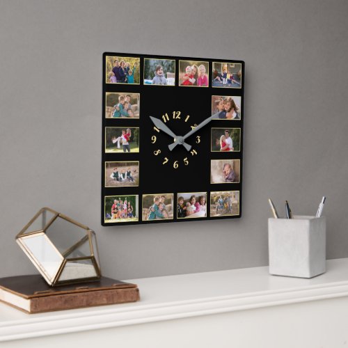 Create 14 Photo Collage Gold Black Family Keepsake Square Wall Clock