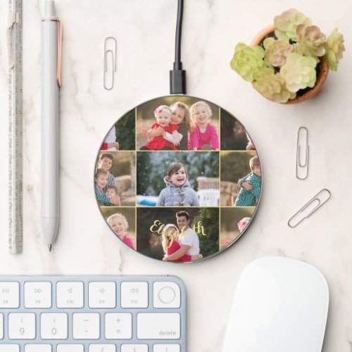 Create 4 Family Baby Photo Collage Gold Monogram Wireless Charger