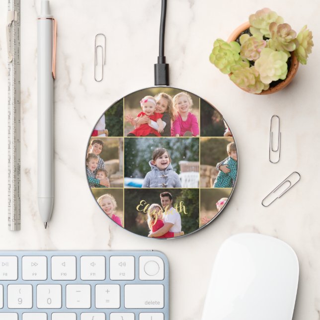 Create 4 Family Baby Photo Collage Gold Monogram Wireless Charger (Desk)
