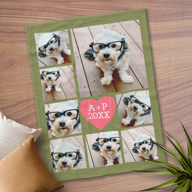 Create a 8 Photo Collage Heart ---- green pink Fleece Blanket (Personalized Fleece Blanket)