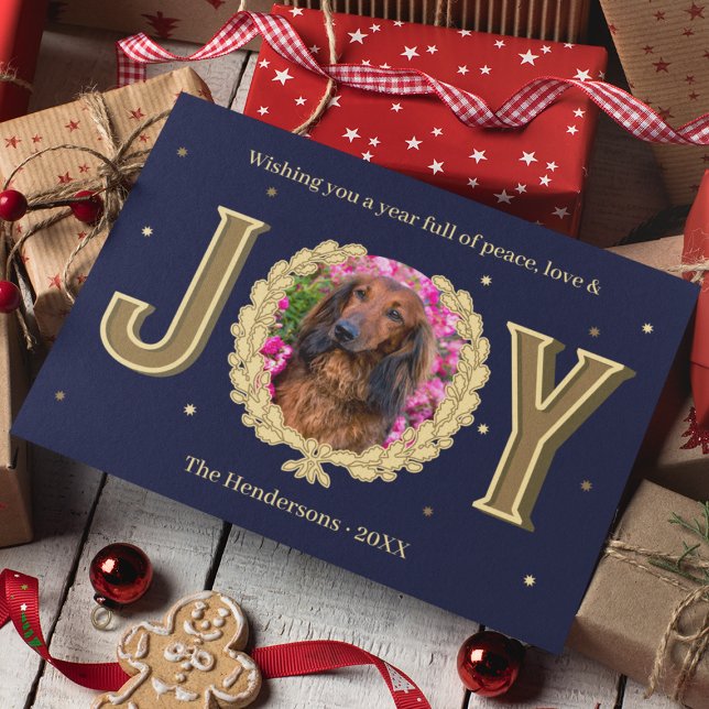 Create A Christmas Card With Your Dog Photo (Personalized Dog Photo Blue Gold Joy Christmas Holiday Card
)