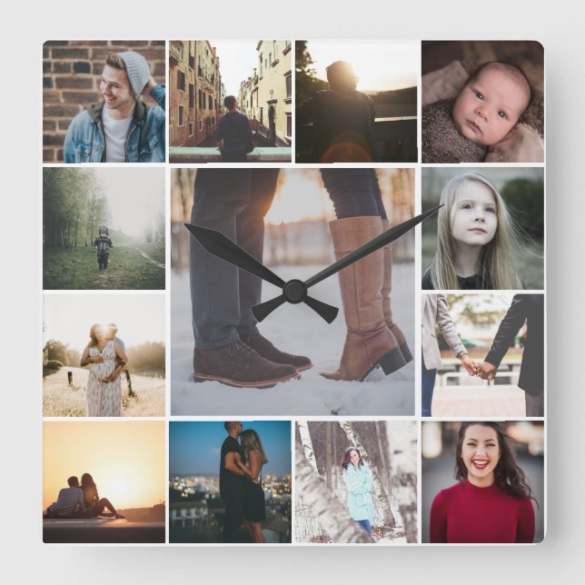 Create a Custom 13 Photo Collage Template Square Wall Clock (Front)