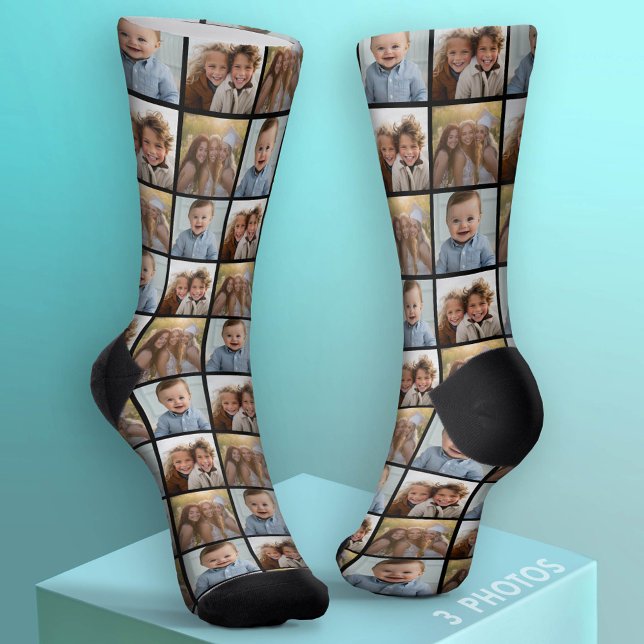 Create a Custom Photo Collage with 3 Photos black Socks (Custom Photo Socks - add a Photo Collage)