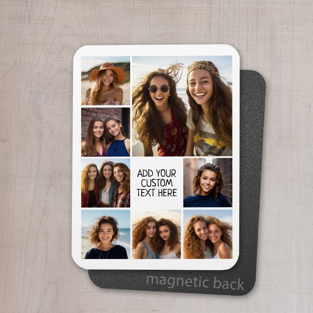 Create a Custom Photo Collage with 8 Photos Magnet (Personalized refrigerator magnet with photo collage and custom text - add 8 photos to this design)