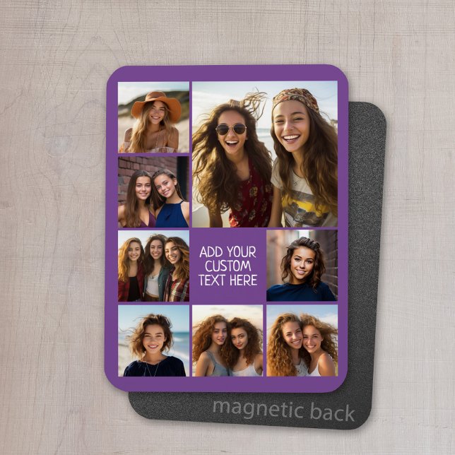 Create a Custom Photo Collage with 8 Photos Magnet (Personalized refrigerator magnet with photo collage and custom text - add 8 photos to this design)