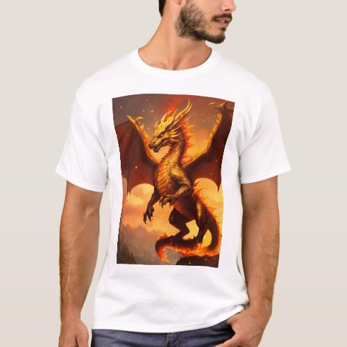 Create a cute and fluffy gold and fire dragon T_Shirt