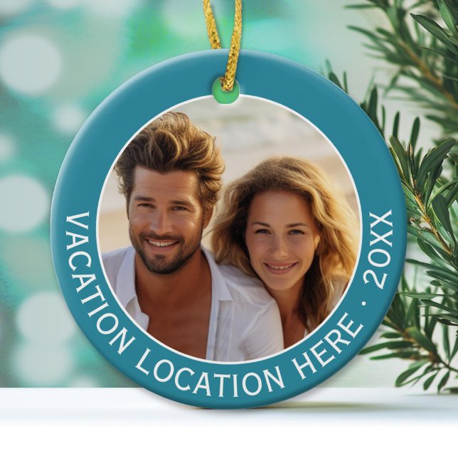 Create A Vacation Souvenir with Photo and Text Ceramic Ornament (Creator Uploaded)