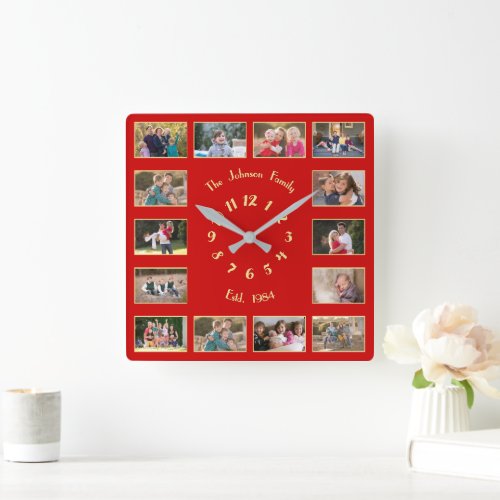 Create Custom 14 Family Photo Collage Red Gold Squ Square Wall Clock