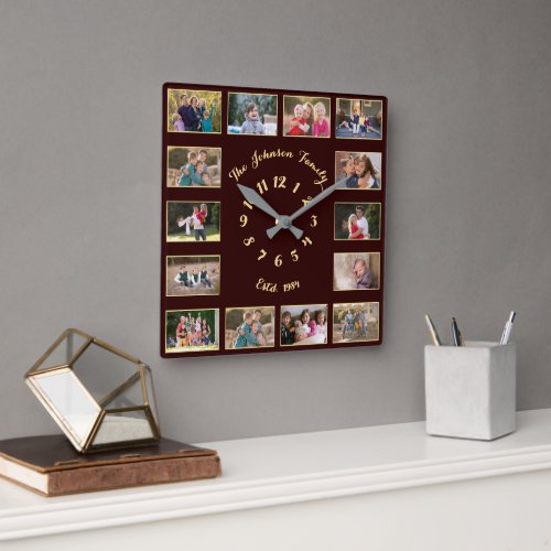 Create Custom Brown Faux Gold Family Photo Collage Square Wall Clock