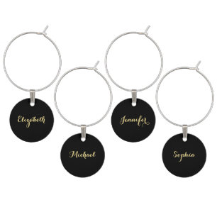 Create Custom Elegant Black Gold Monogram Set of 4 Wine Charm