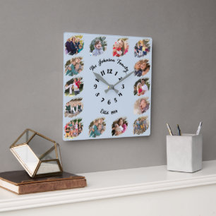 Create Custom Family Photo Collage Cool Dusty Blue Square Wall Clock