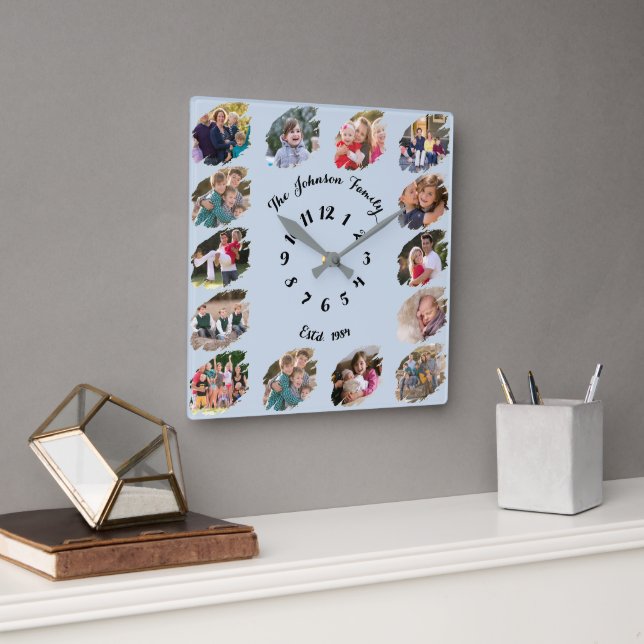 Create Custom Family Photo Collage Cool Dusty Blue Square Wall Clock (Office)