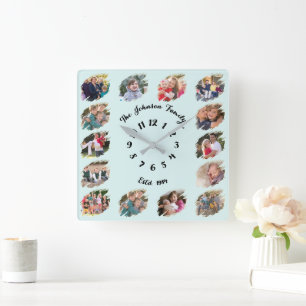 Create Custom Family Photo Collage Light Aqua Blue Square Wall Clock