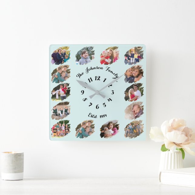 Create Custom Family Photo Collage Light Aqua Blue Square Wall Clock (Home)
