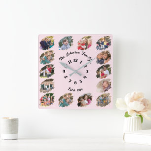 Create Custom Family Photo Collage Light Baby Pink Square Wall Clock