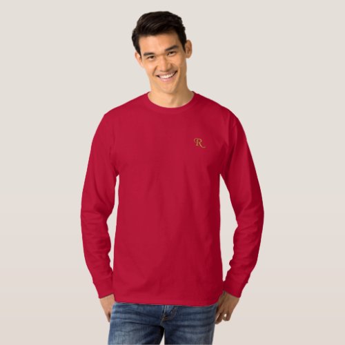 Create Custom Mens Christmas Red Gold Monogram Embroidered Long Sleeve T_Shirt