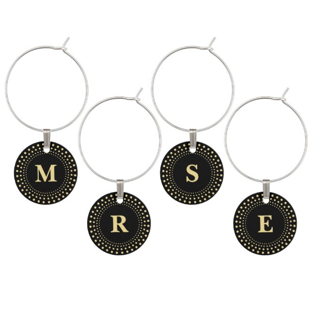 Create Custom Modern Black Gold Monogram Set of 4 Wine Charm (Staggered)