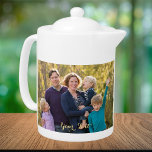 Create Custom Personalized 2 Photo Text Monogram Teapot<br><div class="desc">Create your own custom, personalized, 100% white porcelain, dishwasher safe, microwave safe, photo teapot, featuring elegant faux gold typography script, and two photos (one on each side). To personalize, simply add your favorite family / couple / kids / baby / pets / wedding / travel photo to both sides of...</div>