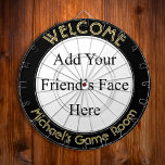 Create Custom Personalized Photo Text Dorm Room Dart Board<br><div class="desc">Create your own custom, personalized, fun, cool, stylish, black color, faux gold font / typography / script / text, regulation size (18"diameter, 1"h) aluminum frame metal cage dart board. Comes with 6 brass darts (3 American flag dart flights and 3 UK dart flights). You may mount it anywhere – above...</div>