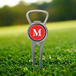 Create Custom Personalized Red White Monogrammed Divot Tool<br><div class="desc">Custom, personalized, modern white monogram monogrammed on red background, golf bartender divot tool with ball marker and bottle opener, made of a durable metal construction and featuring a magnetic ball marker slot that holds a ball marker securely in place. Simply type in your initials / monogram, to customize. Make a...</div>