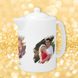 Create Custom Photo Text White Porcelain Teapot<br><div class="desc">Create your own custom, personalized, elegant black handwriting calligraphy typography script font, microwave and dishwasher safe, cool unique graffiti / torn photo effect white porcelain teapot. To customize, simply type in your text, and add 3 of your favorite family / couple / kids / baby / pets / wedding /...</div>