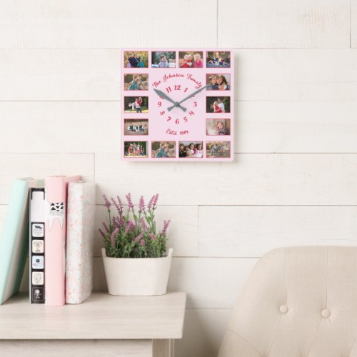 Create Custom Pink Family Couple 14 Photo Collage Square Wall Clock