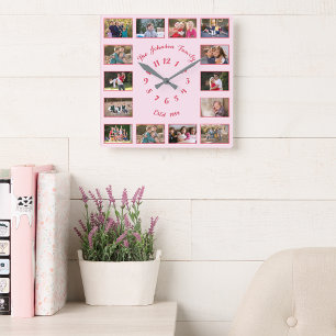 Create Custom Pink Family Couple 14 Photo Collage Square Wall Clock