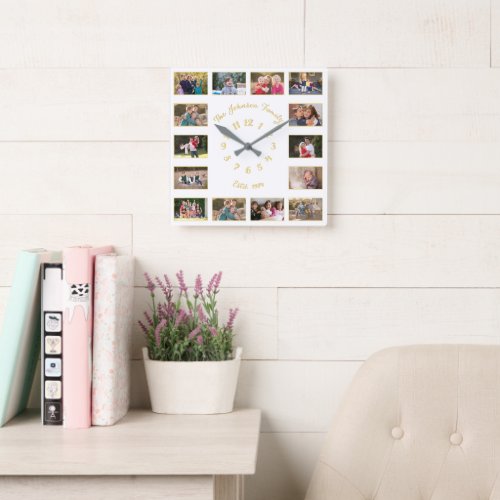 Create Custom White Faux Gold Family Photo Collage Square Wall Clock