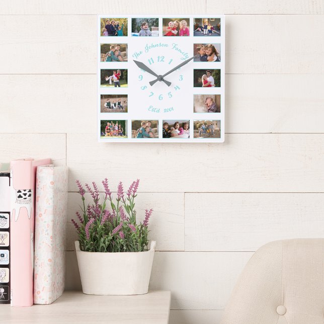 Create Custom White Teal Family Baby Photo Collage Square Wall Clock (Create Custom White Teal Family Baby Photo Collage Square Wall Clock)