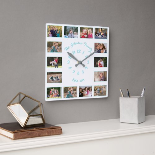 Create Custom White Teal Family Baby Photo Collage Square Wall Clock