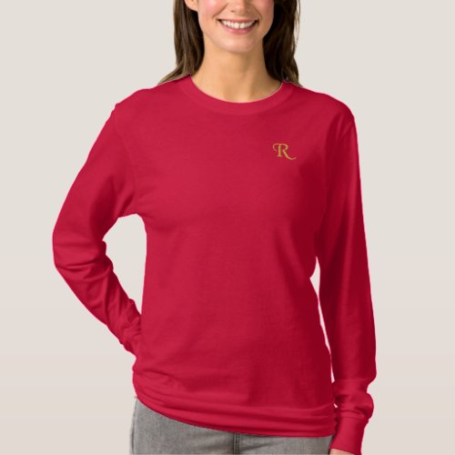 Create Custom Womens Gold Monogram Christmas Red Embroidered Long Sleeve T_Shirt