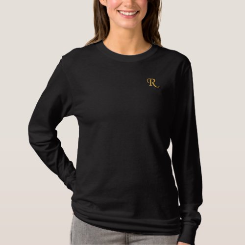 Create Custom Womens Gold Monogram Initials Black Embroidered Long Sleeve T_Shirt