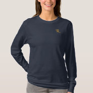 Create Custom Womens Gold Monogram Navy Blue Embroidered Long Sleeve T-shirt at Zazzle