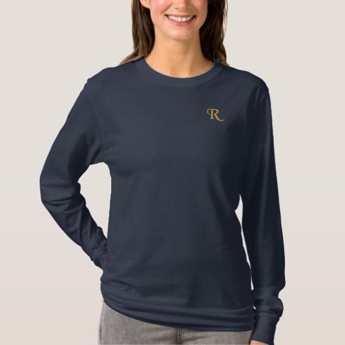 Create Custom Womens Gold Monogram Navy Blue Embroidered Long Sleeve T_Shirt