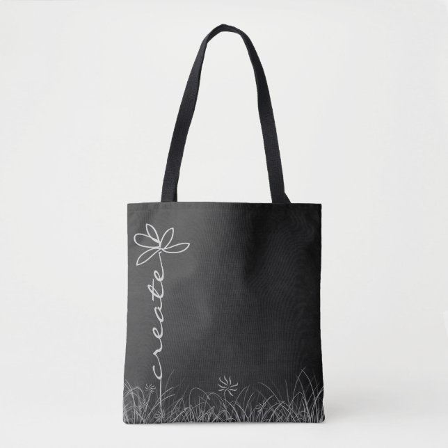 Create daisy doodle art on black chalkboard tote bag (Front)