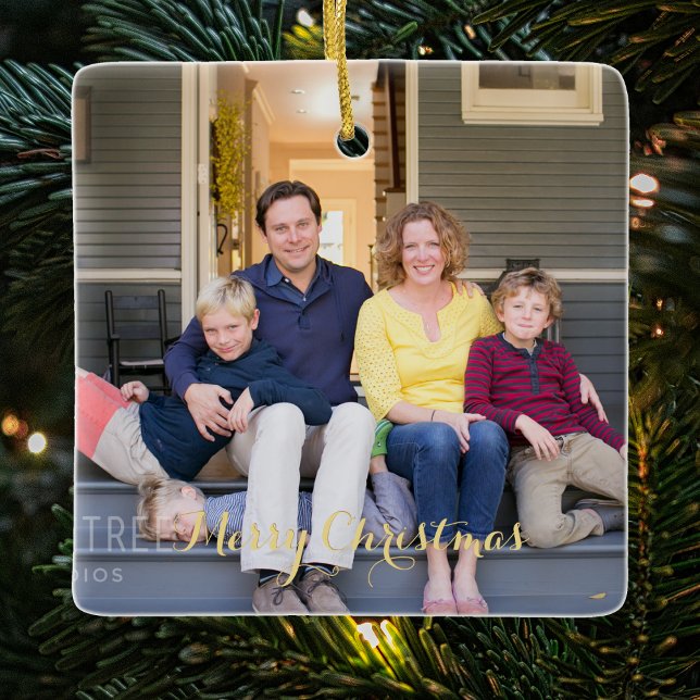 Create Family Photo Elegant Gold Script Christmas Ceramic Ornament (Create Family Photo Elegant Gold Script Christmas Ceramic Ornament)