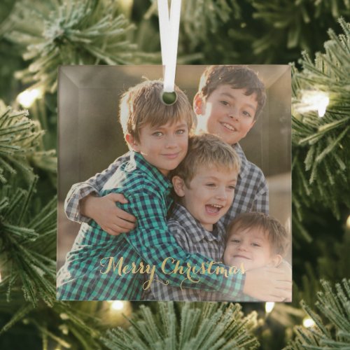 Create Family Photo Elegant Gold Script Christmas Glass Ornament