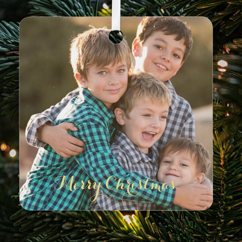 Create Family Photo Elegant Gold Script Christmas Metal Ornament