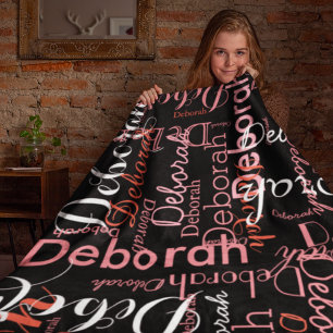Create feminine name typography pink on black fleece blanket