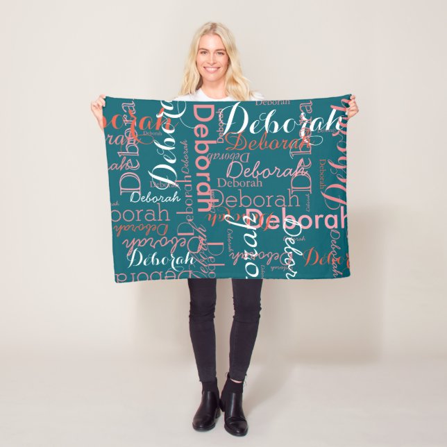 Create feminine name typography pink on teal fleece blanket (In Situ)