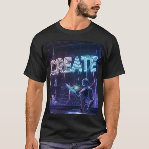 CREATE - Futuristic AI Robot Artist Cyberpunk Neon T-Shirt