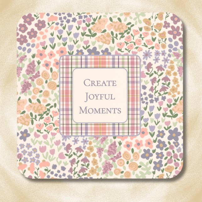 Create Joyful Moments Floral Plaid Coaster Set (Create Joyful Moments Coaster – Personalized Inspirational Quote – Custom Floral Plaid Drinkware)