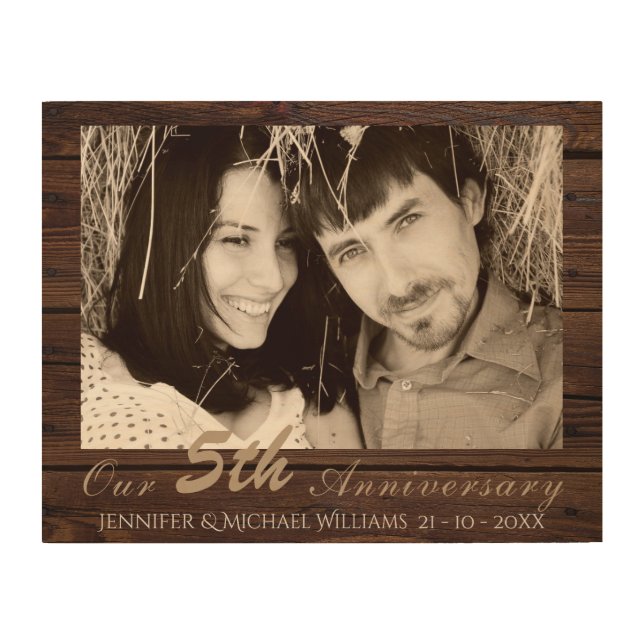 Create Own 5th Wedding Anniversary PHOTO Gift Name Wood Wall Art (Front)