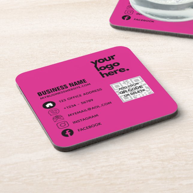 Create Own CERISE PINK QR CODE Business Card Logo  Beverage Coaster (Left Side)