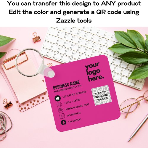 Create Own CERISE PINK QR CODE Business Card Logo  Keychain