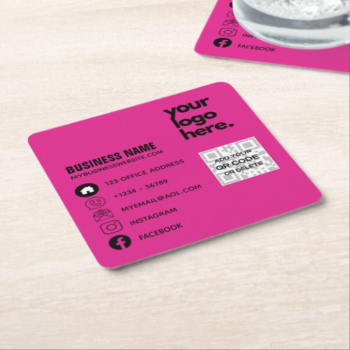 Create Own CERISE PINK QR CODE Business Card Logo  Square Paper Coaster