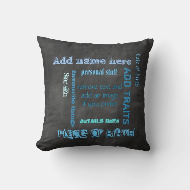 Create own chalkboard word cloud cushion, blue/blk throw pillow (Front)